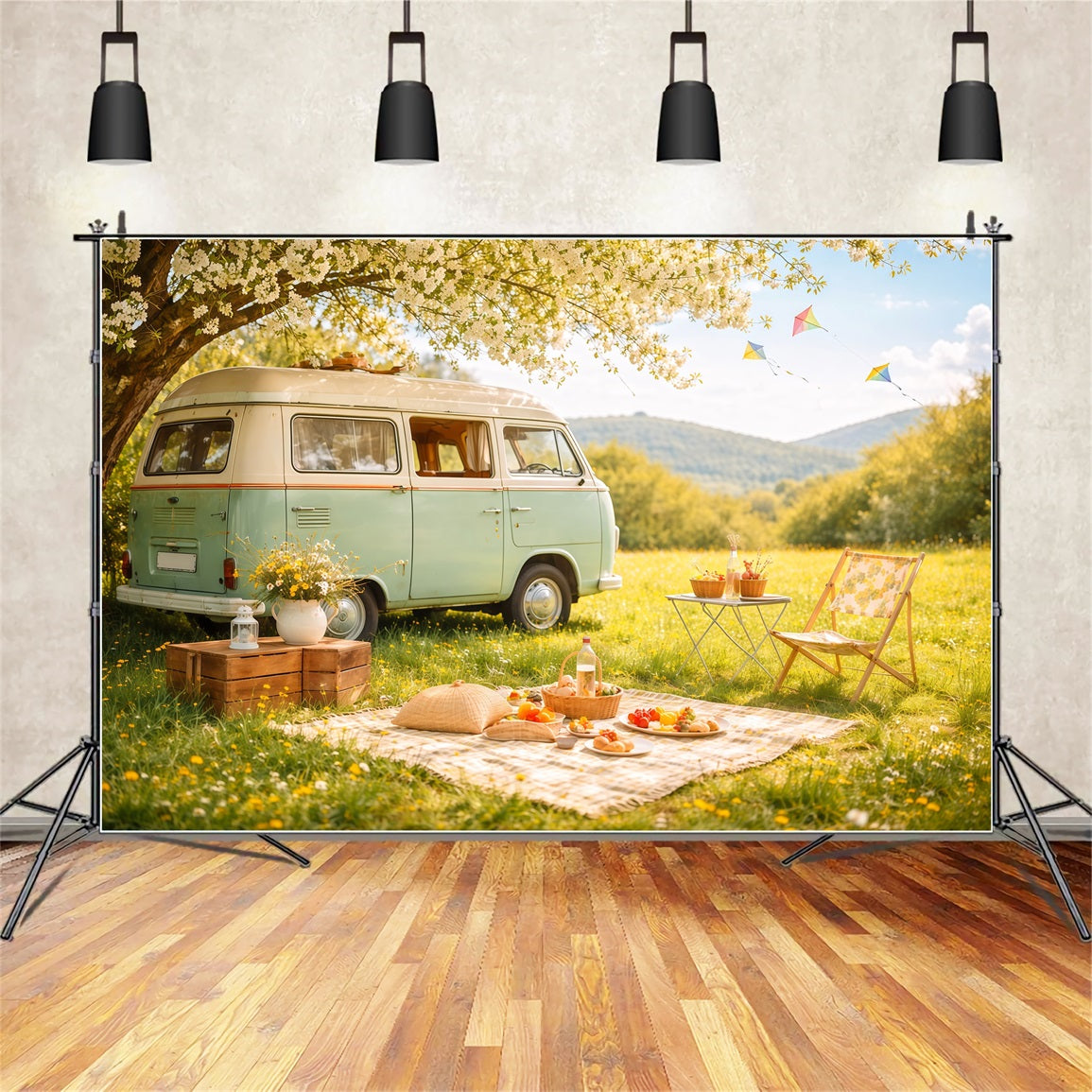 Fond Photo Floral Pique-Nique Camping-Car Prairie Pastel LXX61-185