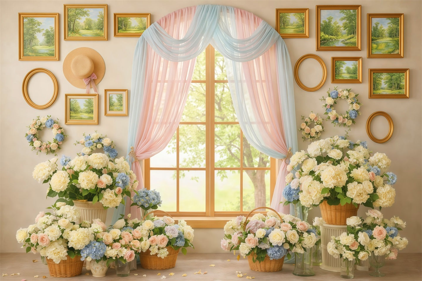 Fond Studio Photo Floral Galerie Fenêtre Rideau Pastel LXX61-199