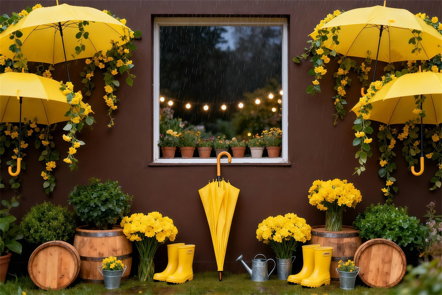 Toile de fond Photo Fleur Jardin Pluie Parapluie Jaune LXX61-204