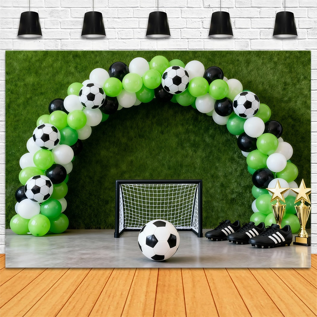 Toile de Fond Photographie Football Arche Ballons Verte Poteaux De But LXX61-212