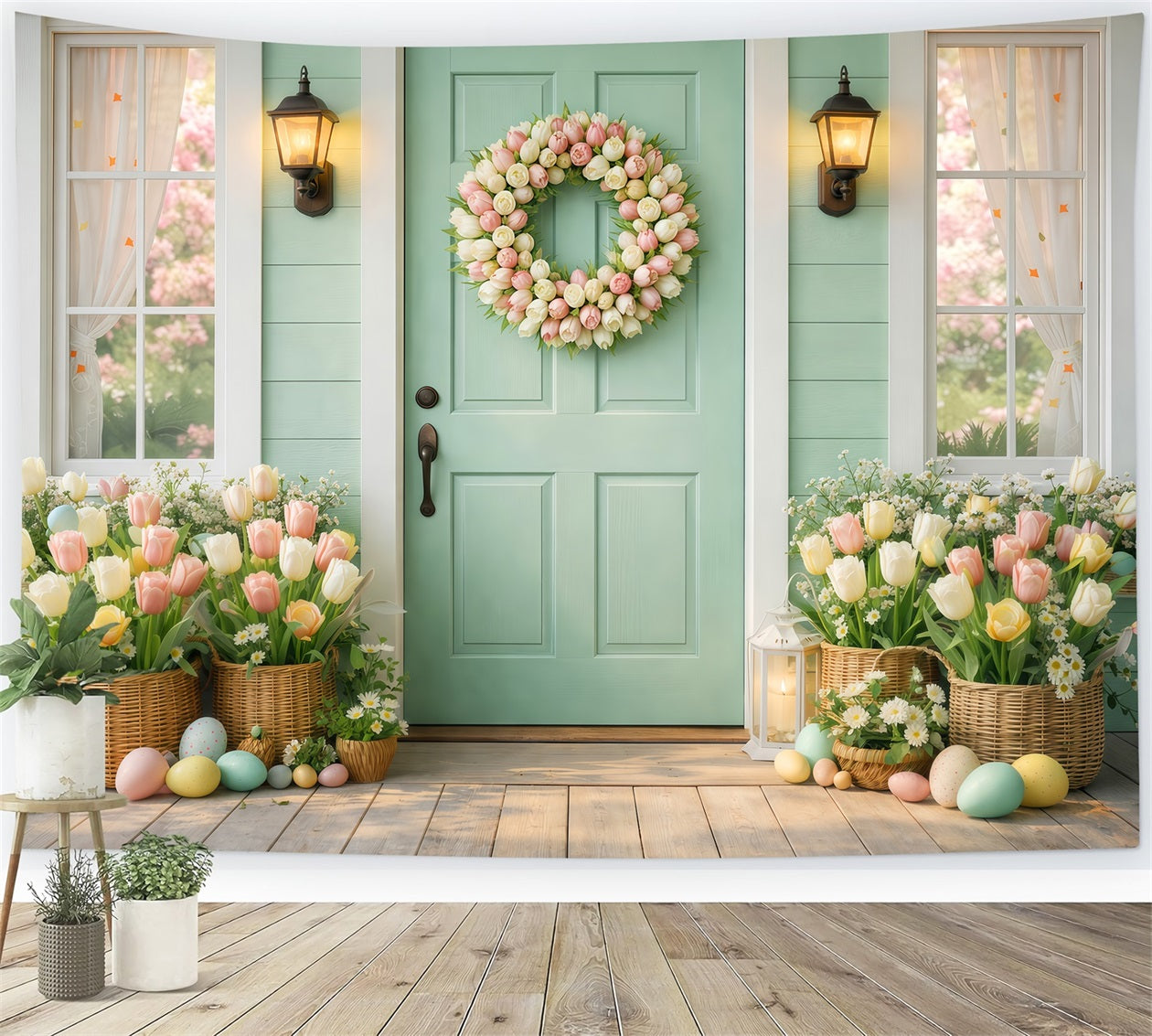 Fond de Pâques Porche Porte Menthe Couronne Tulipees LXX61-56