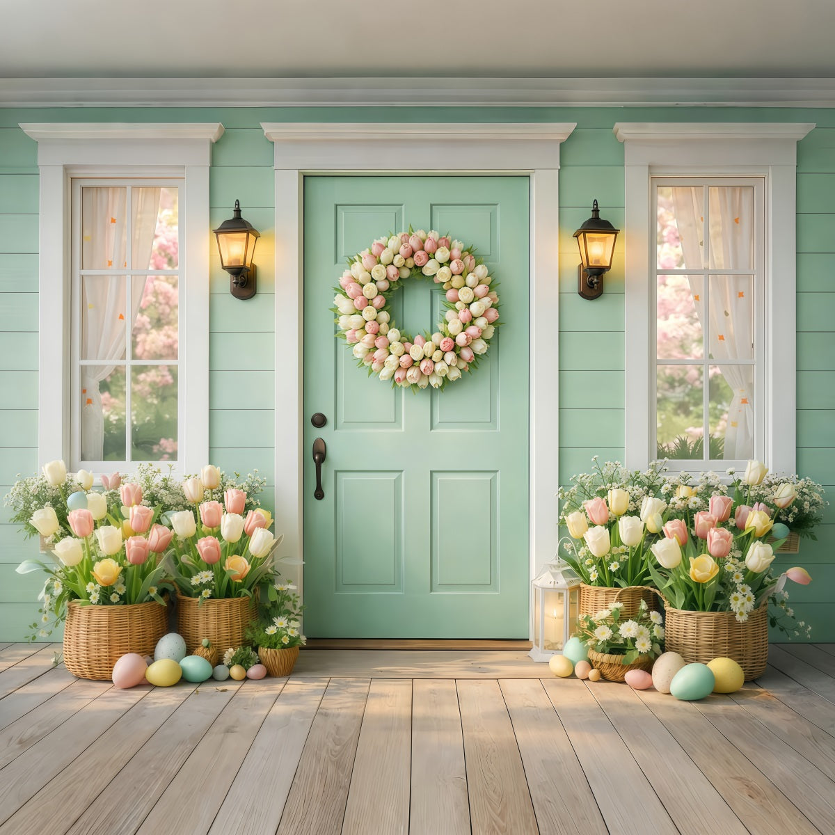 Fond de Pâques Porche Porte Menthe Couronne Tulipees LXX61-56