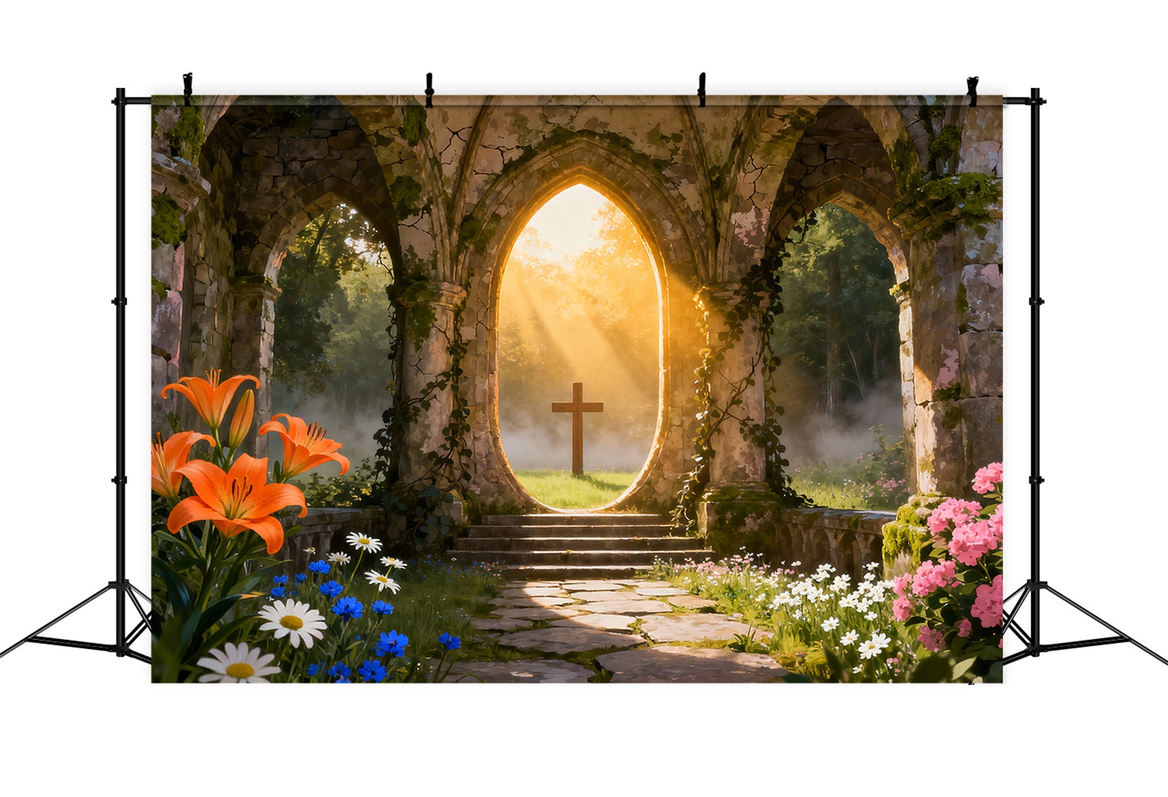 Toile de fond de Pâques Ruines Baignées De Soleil Croix Jardin LXX61-63