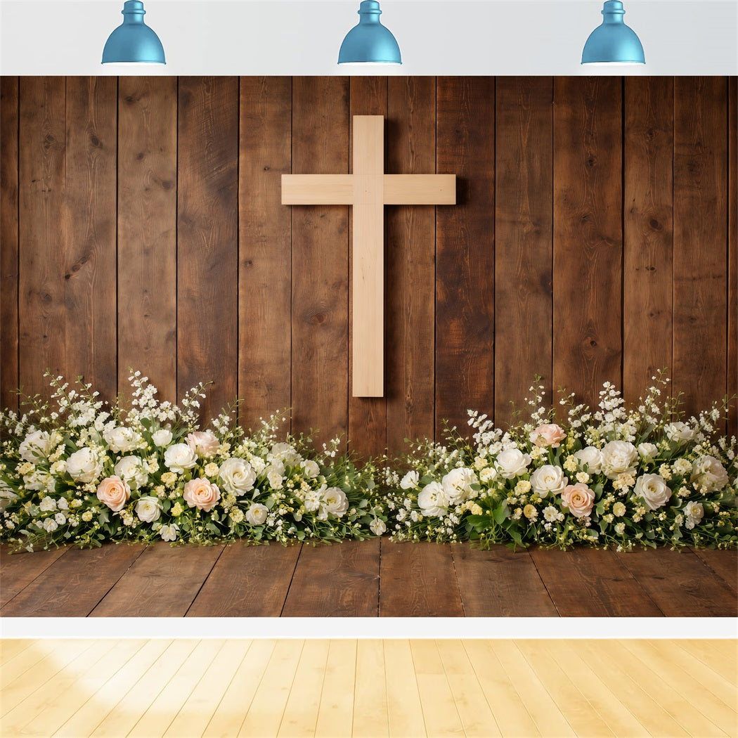 Fond Photo Pâques Base Florale Croix Bois Rustique LXX61-69