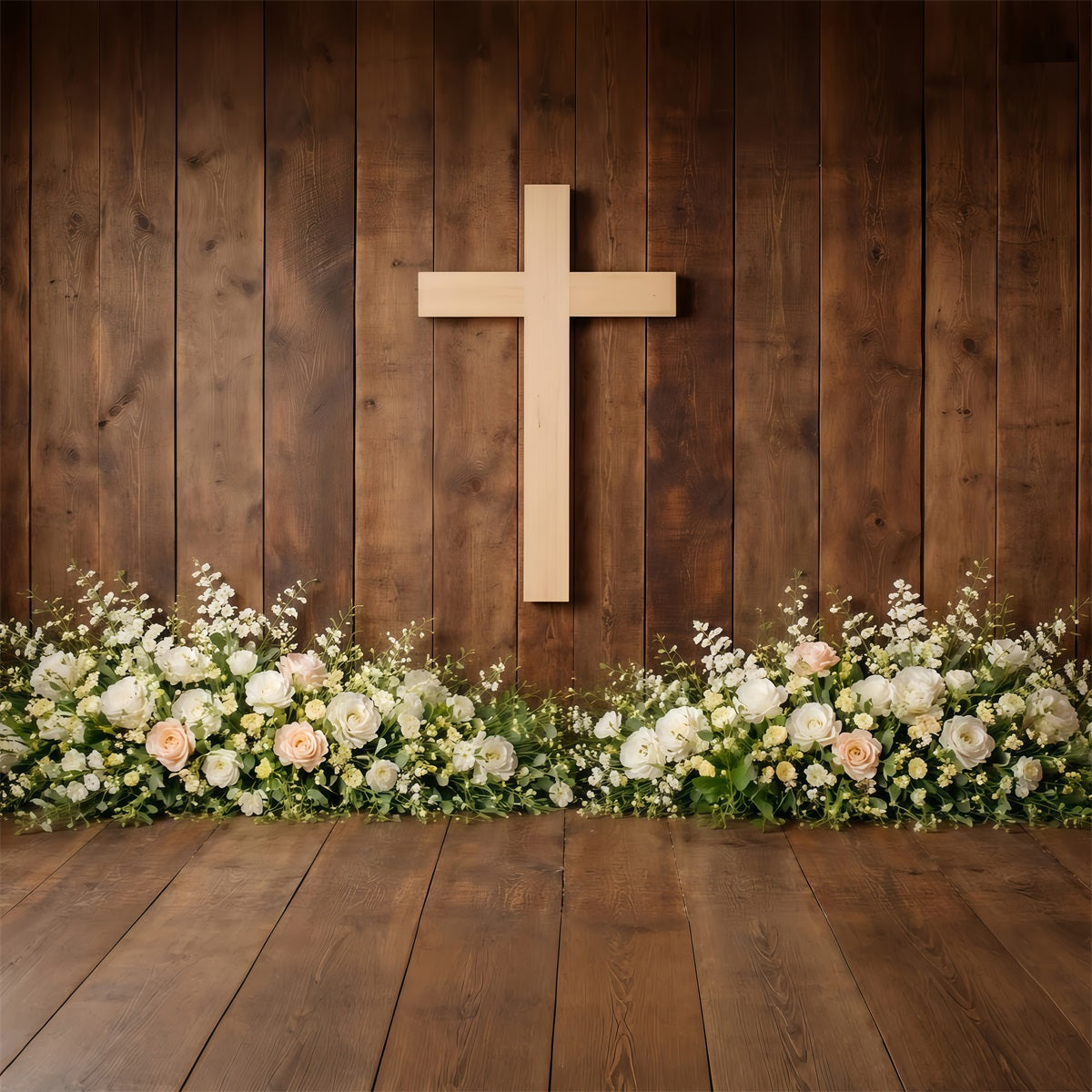 Fond Photo Pâques Base Florale Croix Bois Rustique LXX61-69