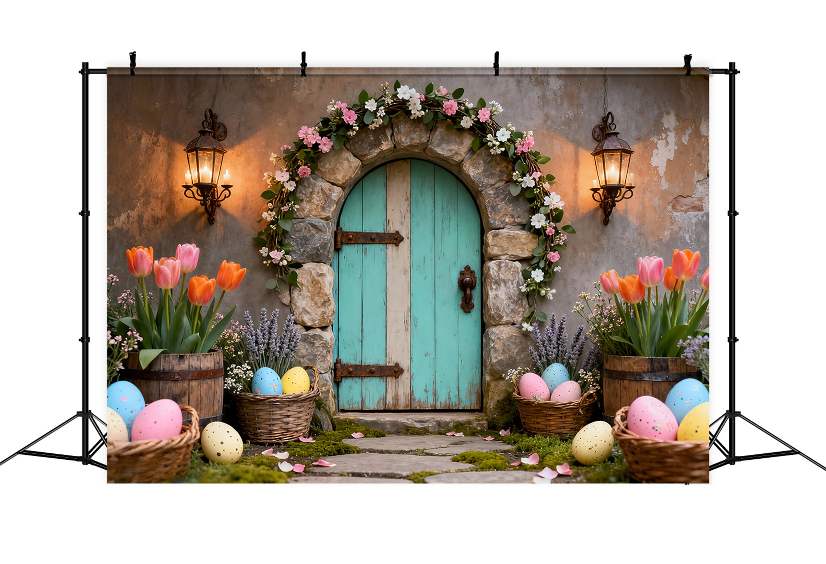 Fond de Pâques Porte Turquoise Panier Tulipees LXX61-80