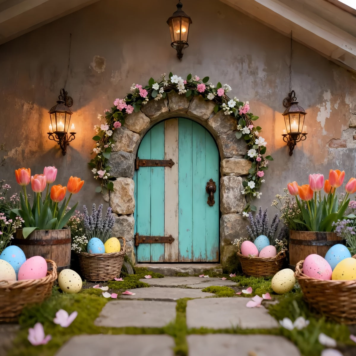 Fond de Pâques Porte Turquoise Panier Tulipees LXX61-80