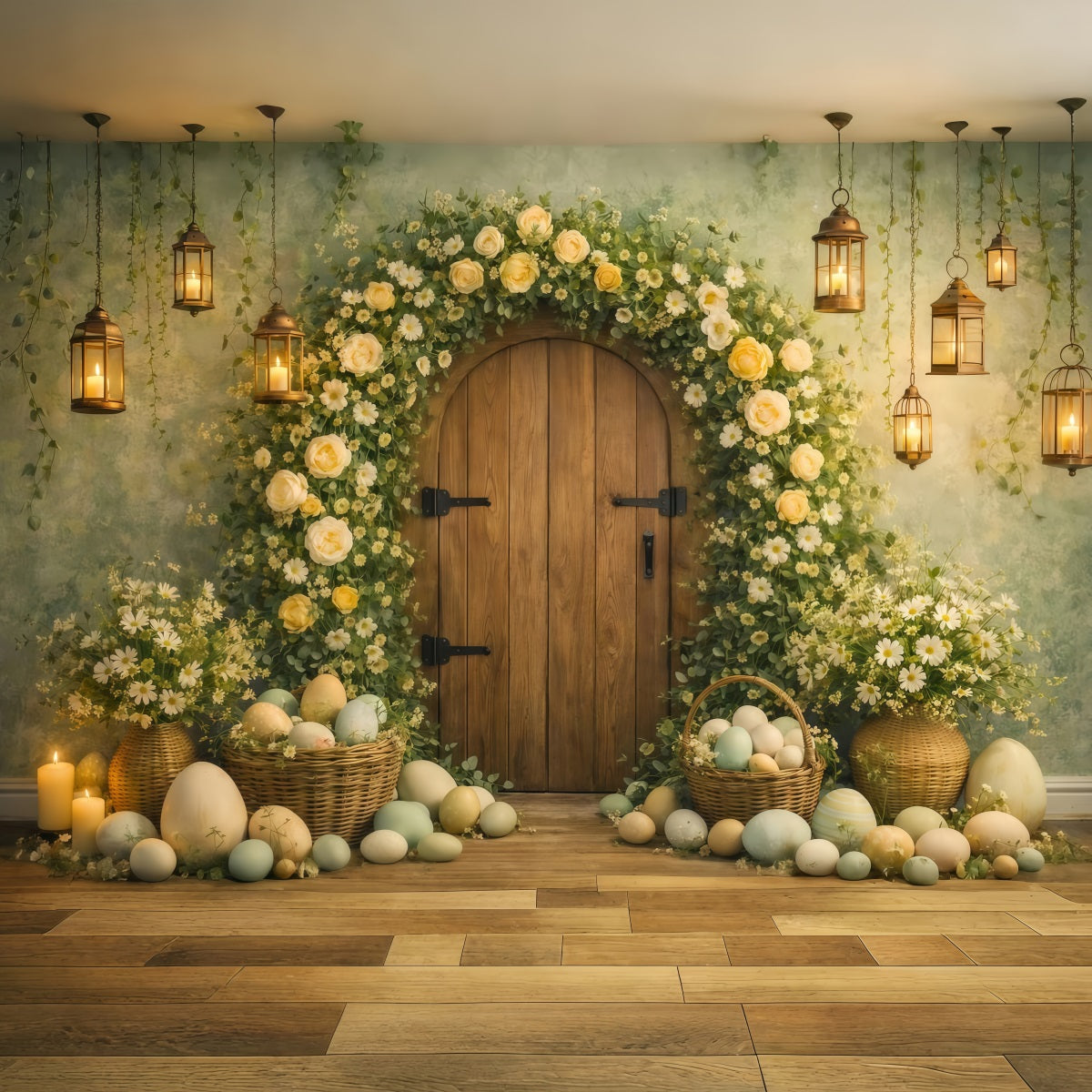 Fond Photo Pâques Arche Florale Porte Rustique LXX61-81