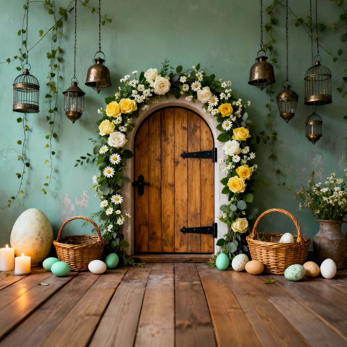 Toile de fond Pâques Arche Florale Porte Bois LXX61-82