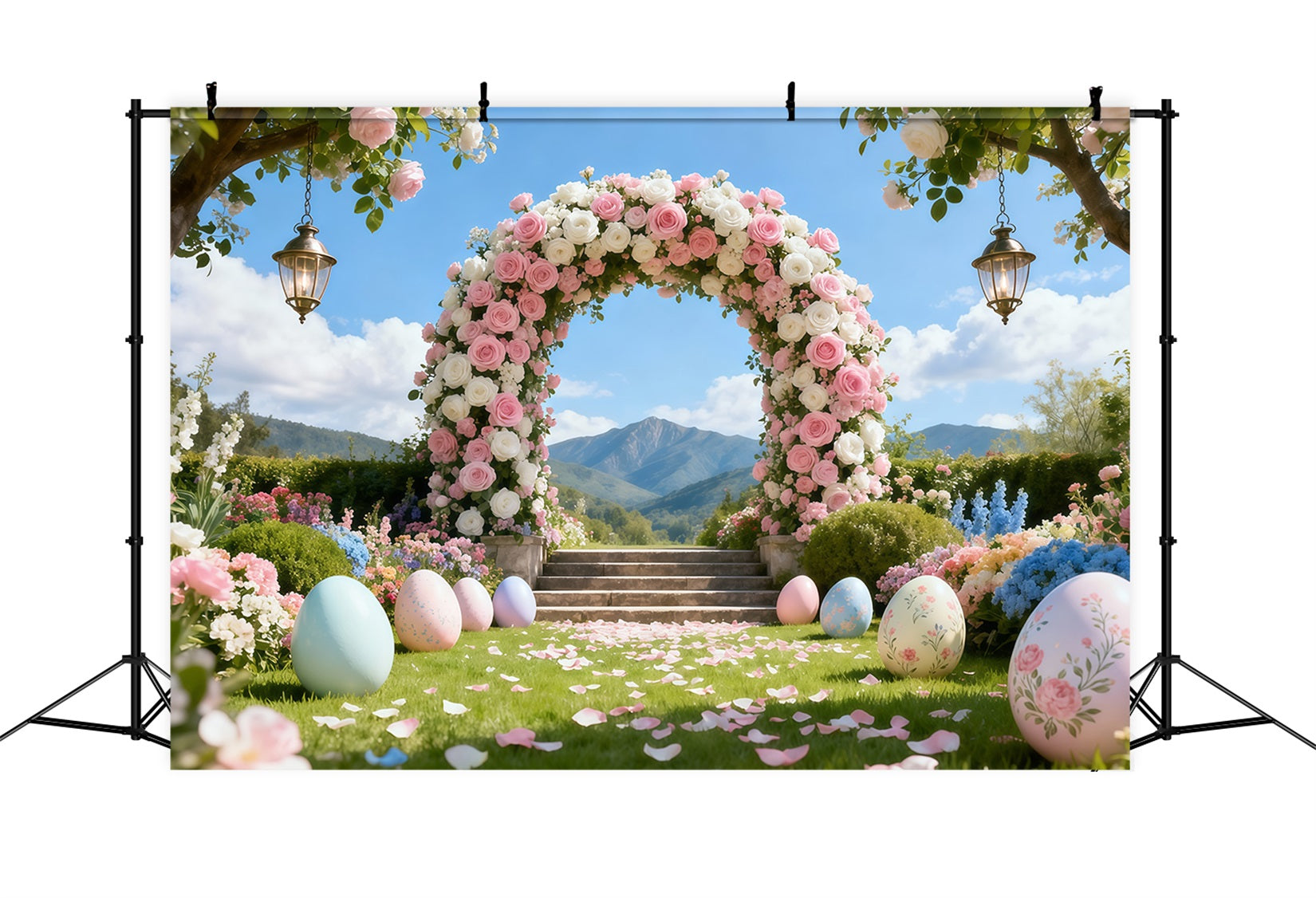 Toile de fond Photo Pâques Arche Rose Jardin Romantique Paysage Montagne LXX62-50