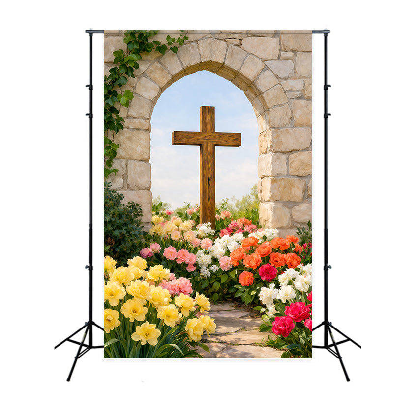 Toile de fond Photo Pâques Arche Rustique Croix Chemin Floral LXX62-55
