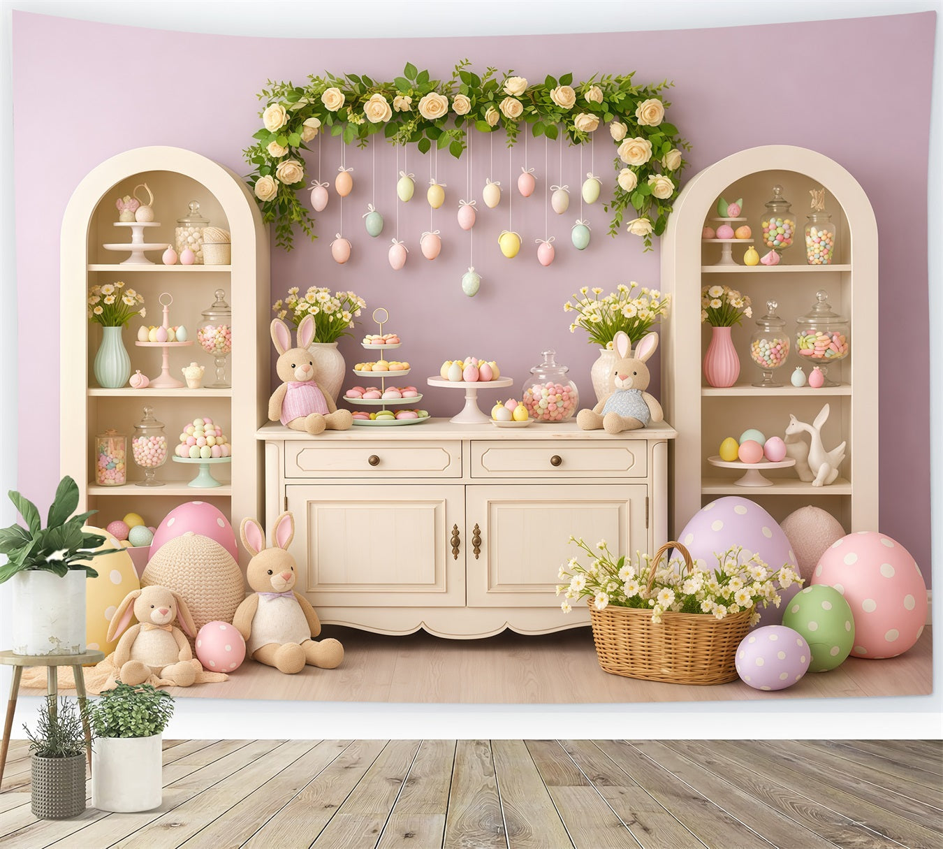Fond Photo Pâques Présentoir Lapin Macaron Lavande LXX62-63