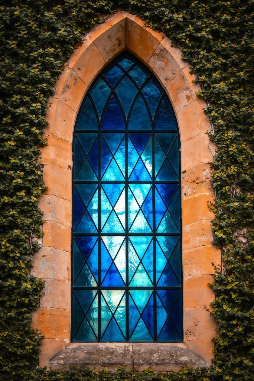 Fond Studio Pâques Fenêtre Gothique Bleue Encadrée de Lierre LXX62-66