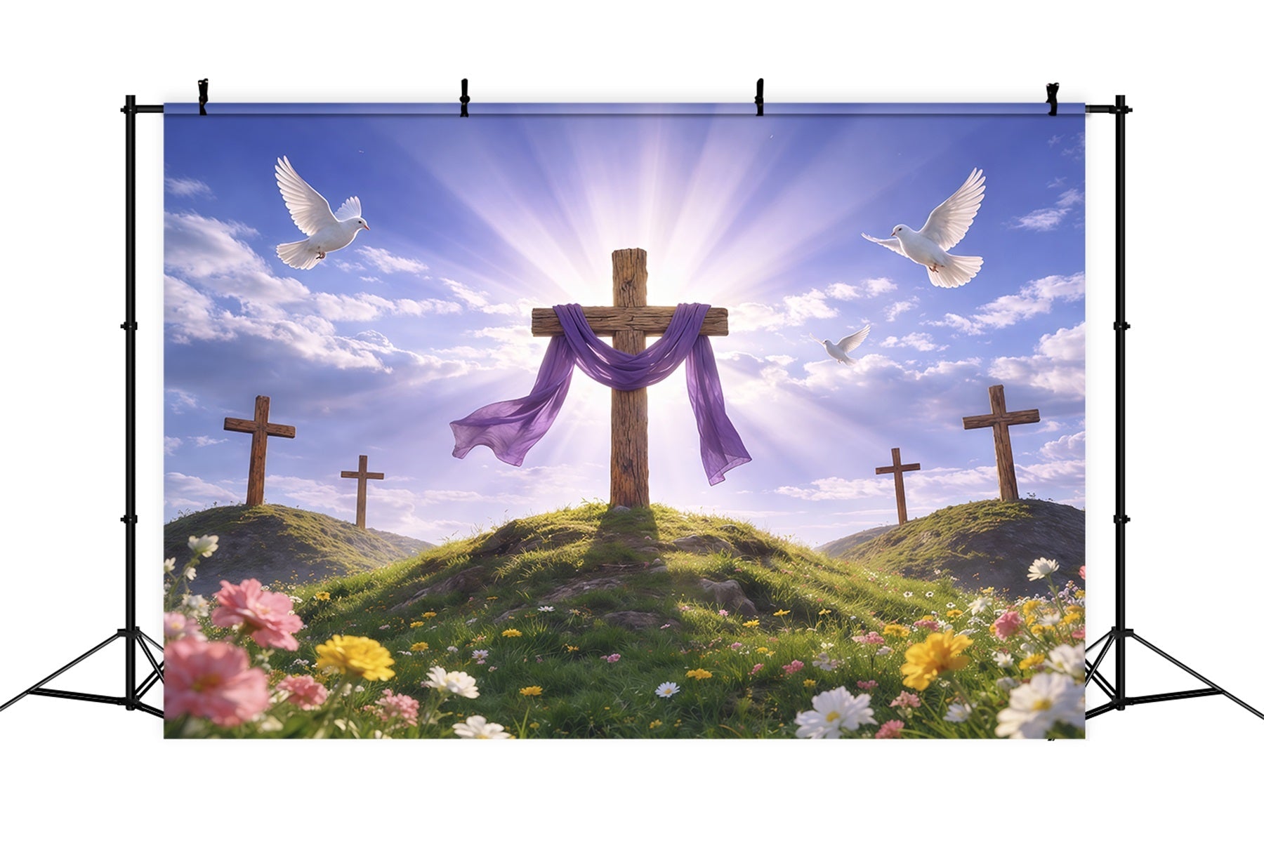 Toile de fond Pâques Croix Colline Rayonnante Drapé Violet LXX62-67