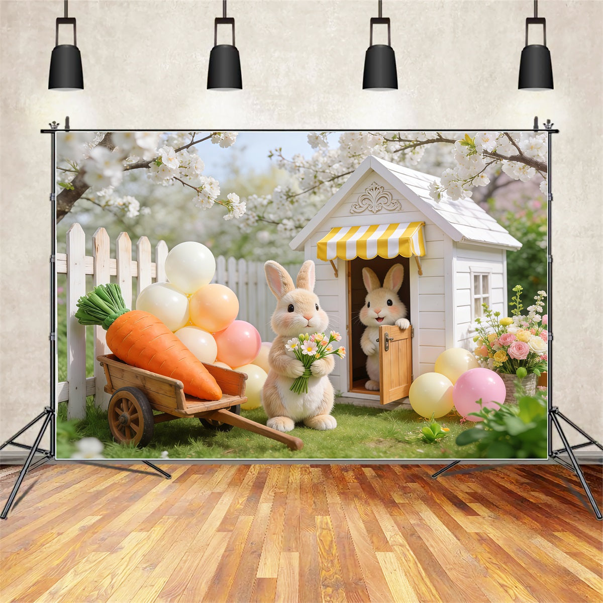 Fond Photo Pâques Cottage Jardin Lapin Fleur de Cerisier LXX62-68