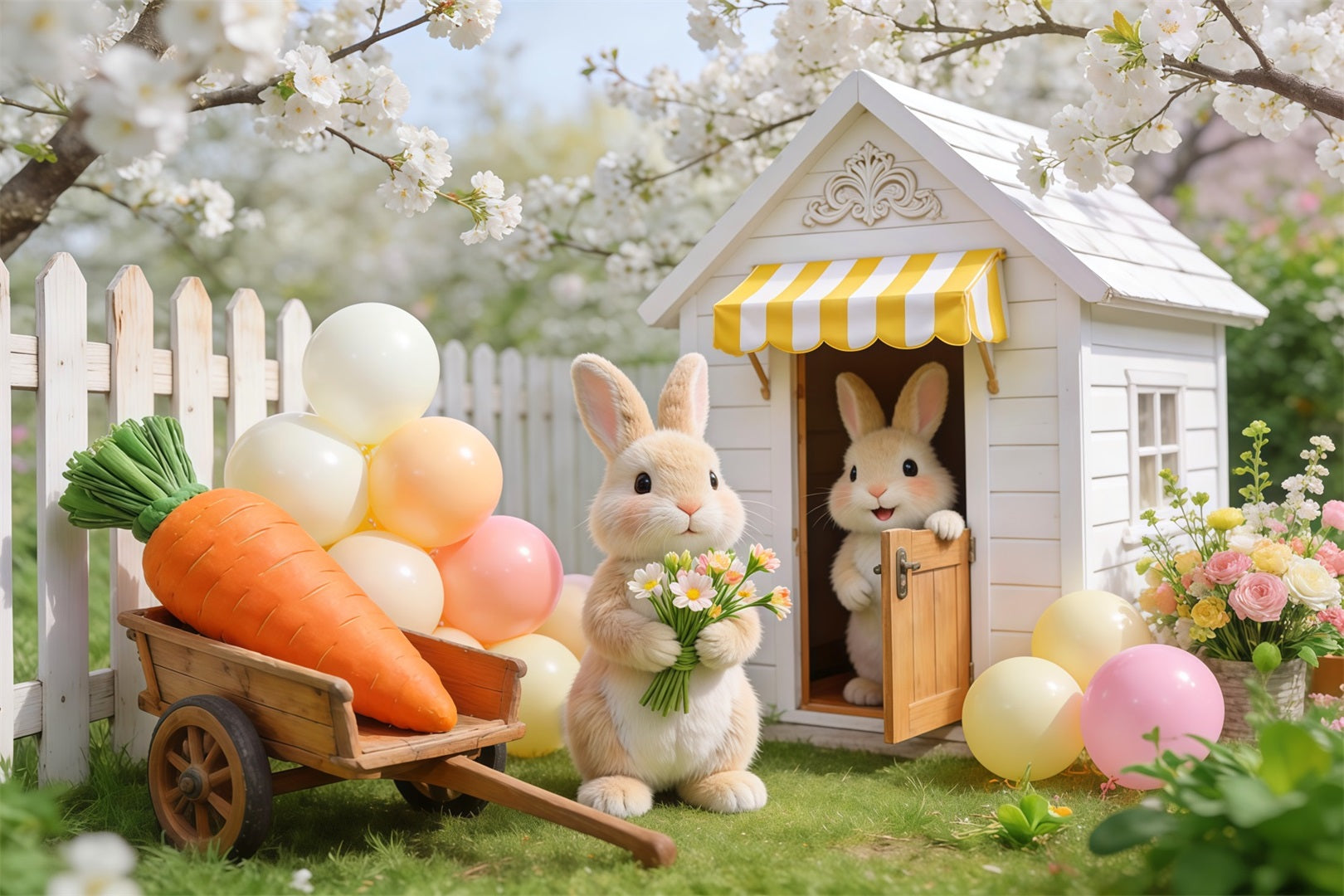 Fond Photo Pâques Cottage Jardin Lapin Fleur de Cerisier LXX62-68