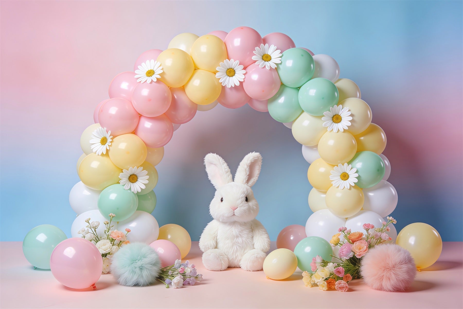 Toile de fond Photo Pâques Arche Marguerites Lapin Fleurs LXX62-70