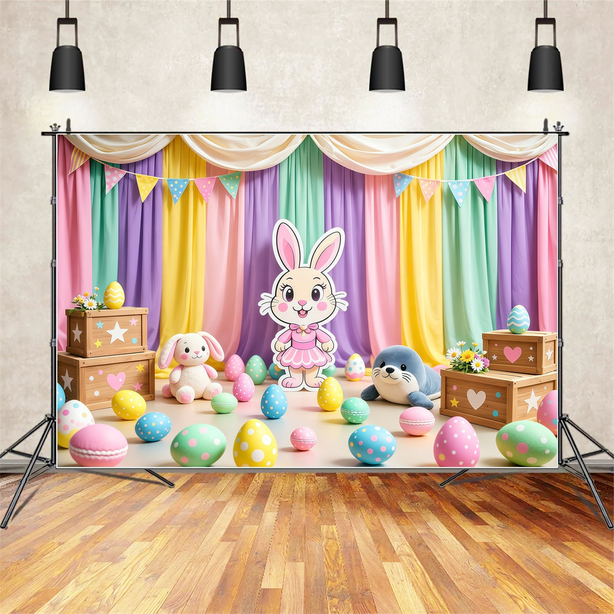 Toile de fond Pâques Scène Lapin Dessin Animé Rideau Pastel LXX62-72