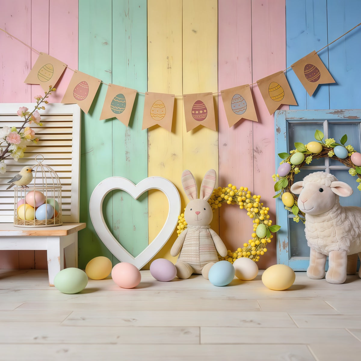 Toile de fond Studio Pâques Décor Lapin Cœur Bois Pastel LXX62-74