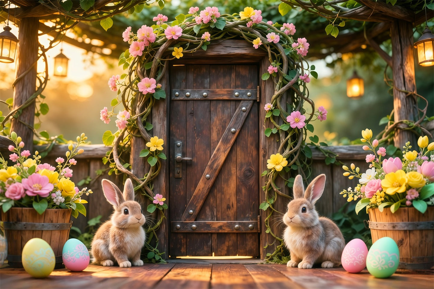 Fond Photo Pâques Porte Bois Jardin Rustique Fleurs LXX62-78