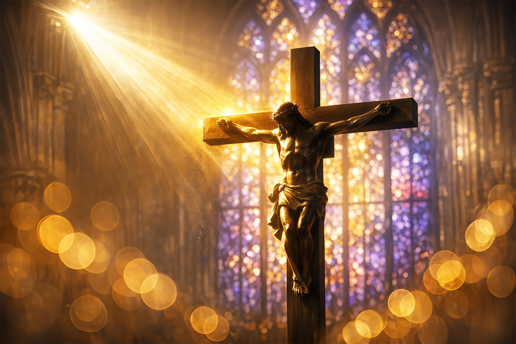 Toile de fond Pâques Crucifix Vitrail Rayonnant LXX62-87