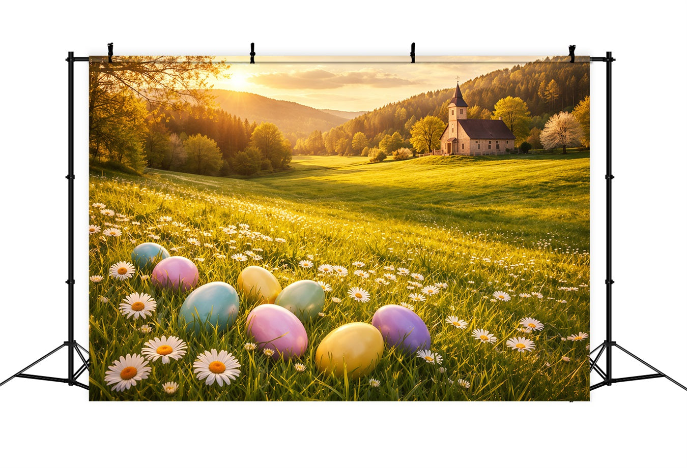 Toile de fond Studio Pâques Église Prairie Marguerites Lever de Soleil Doré LXX62-89