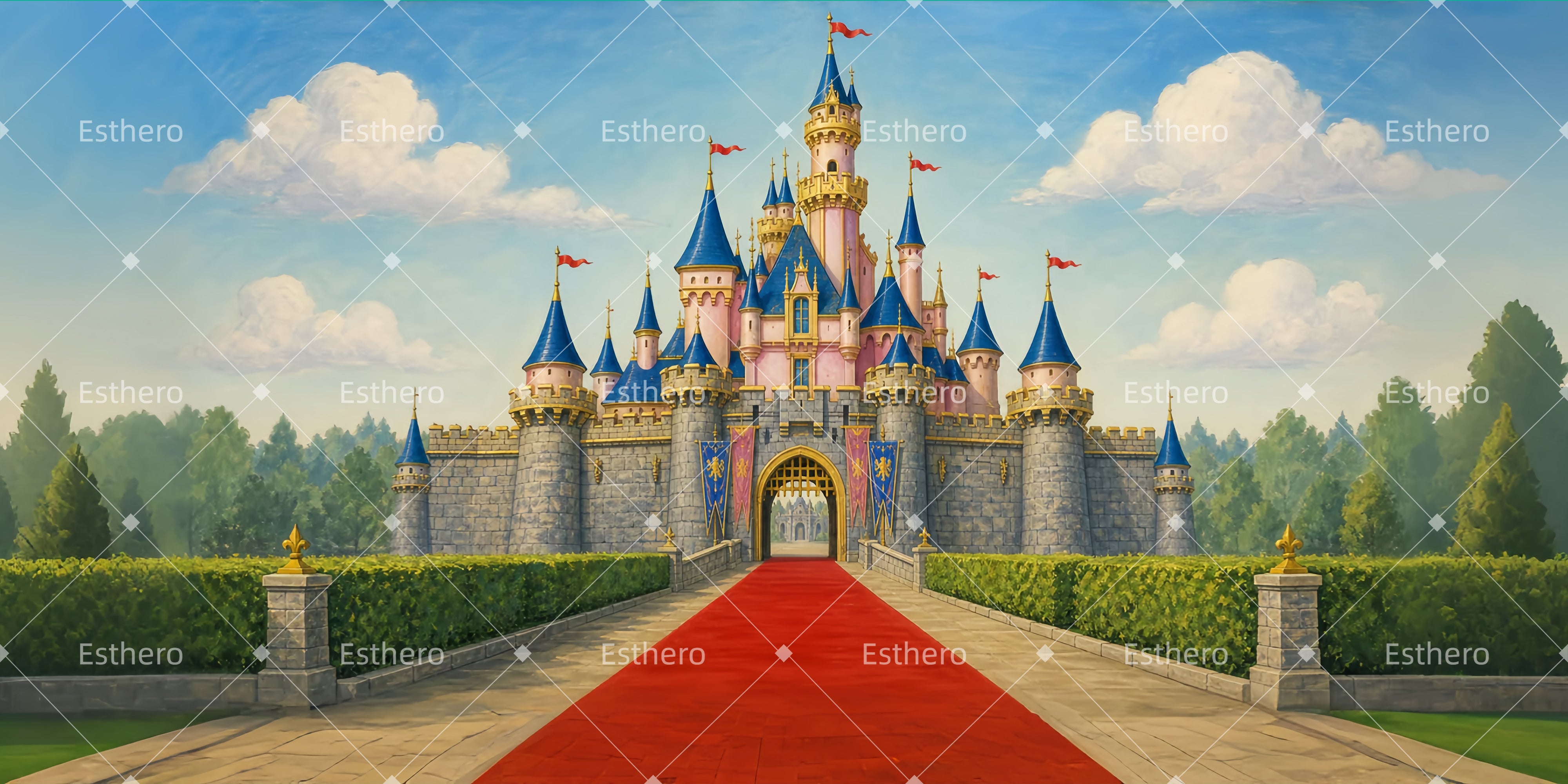Toile de fond d’entrée de château féerique pour spectacle scolaire LXX65-T120