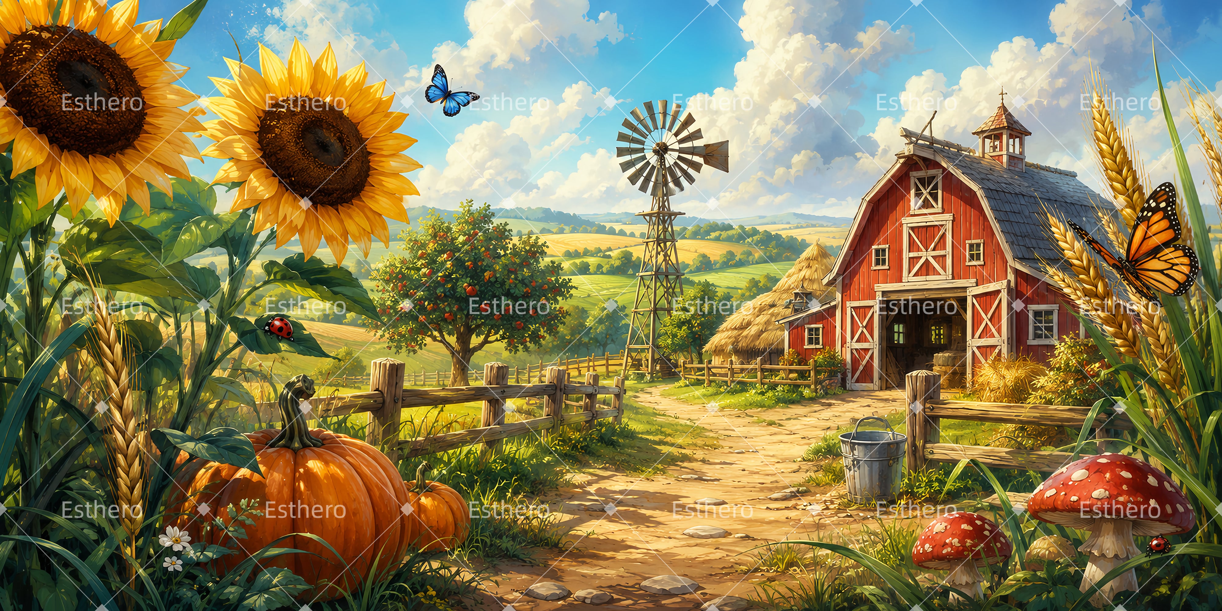Toile de fond de ferme grange de campagne automnale VBS LXX65-T16