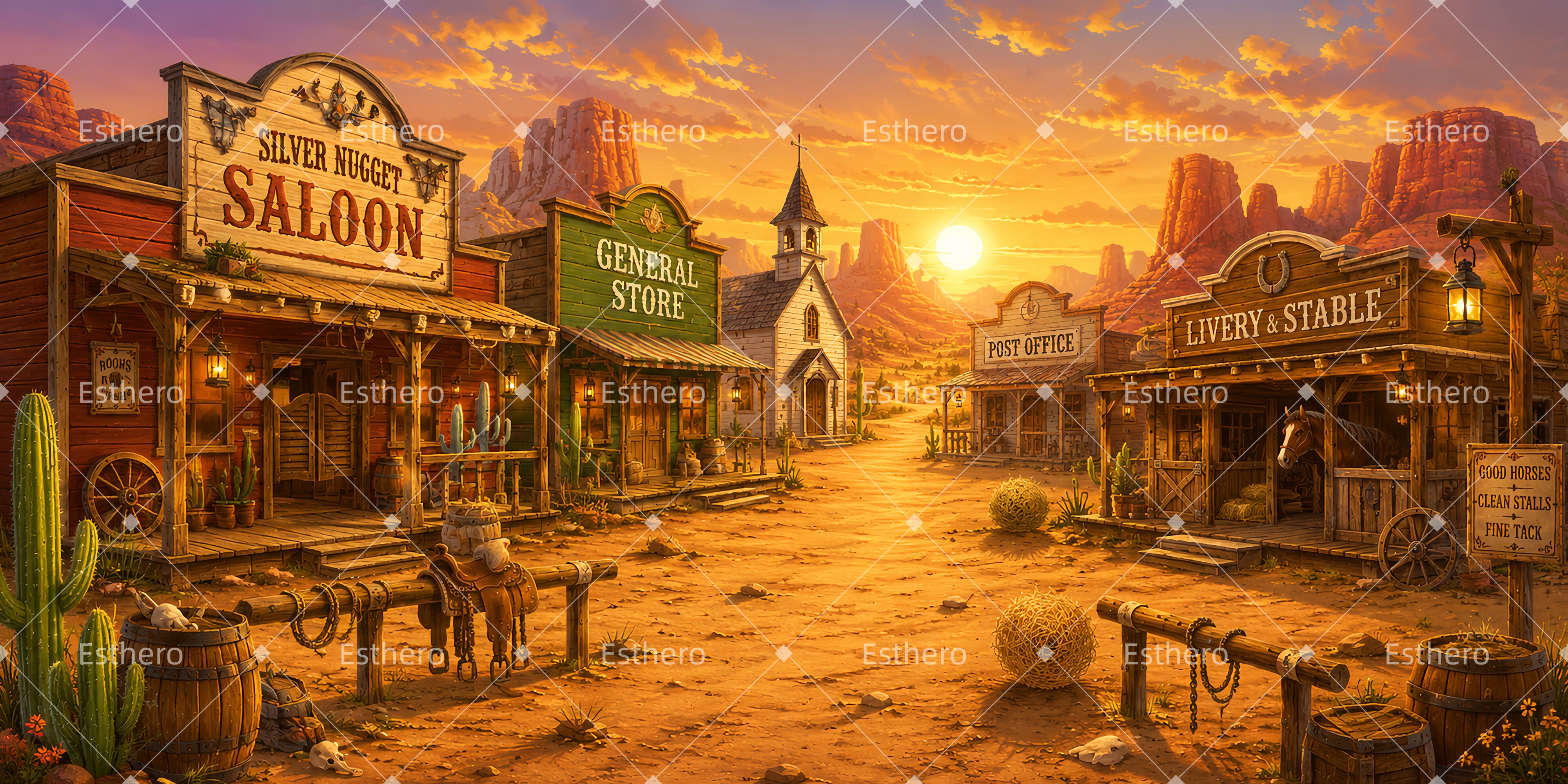 Toile de fond Western Town coucher de soleil ville western VBS LXX65-T2