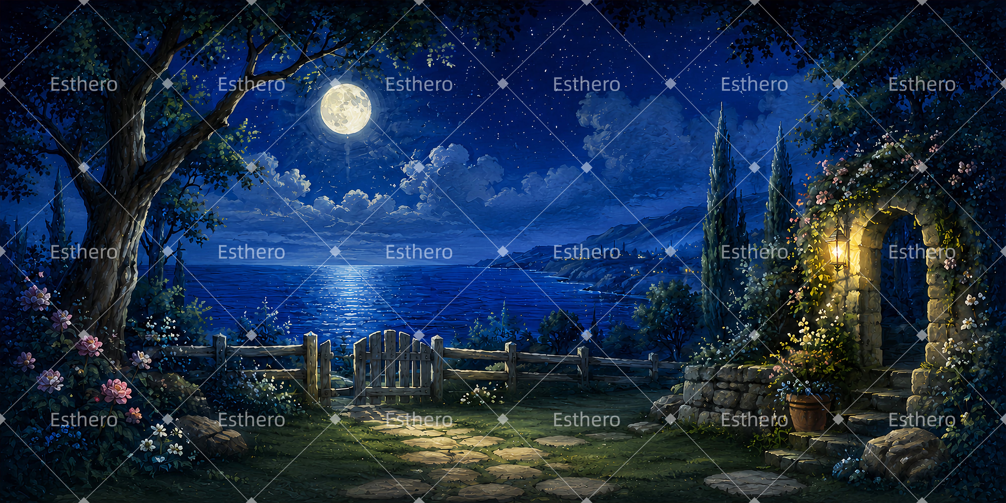 Toile de fond théâtre jardin marin au clair de lune LXX65-T43