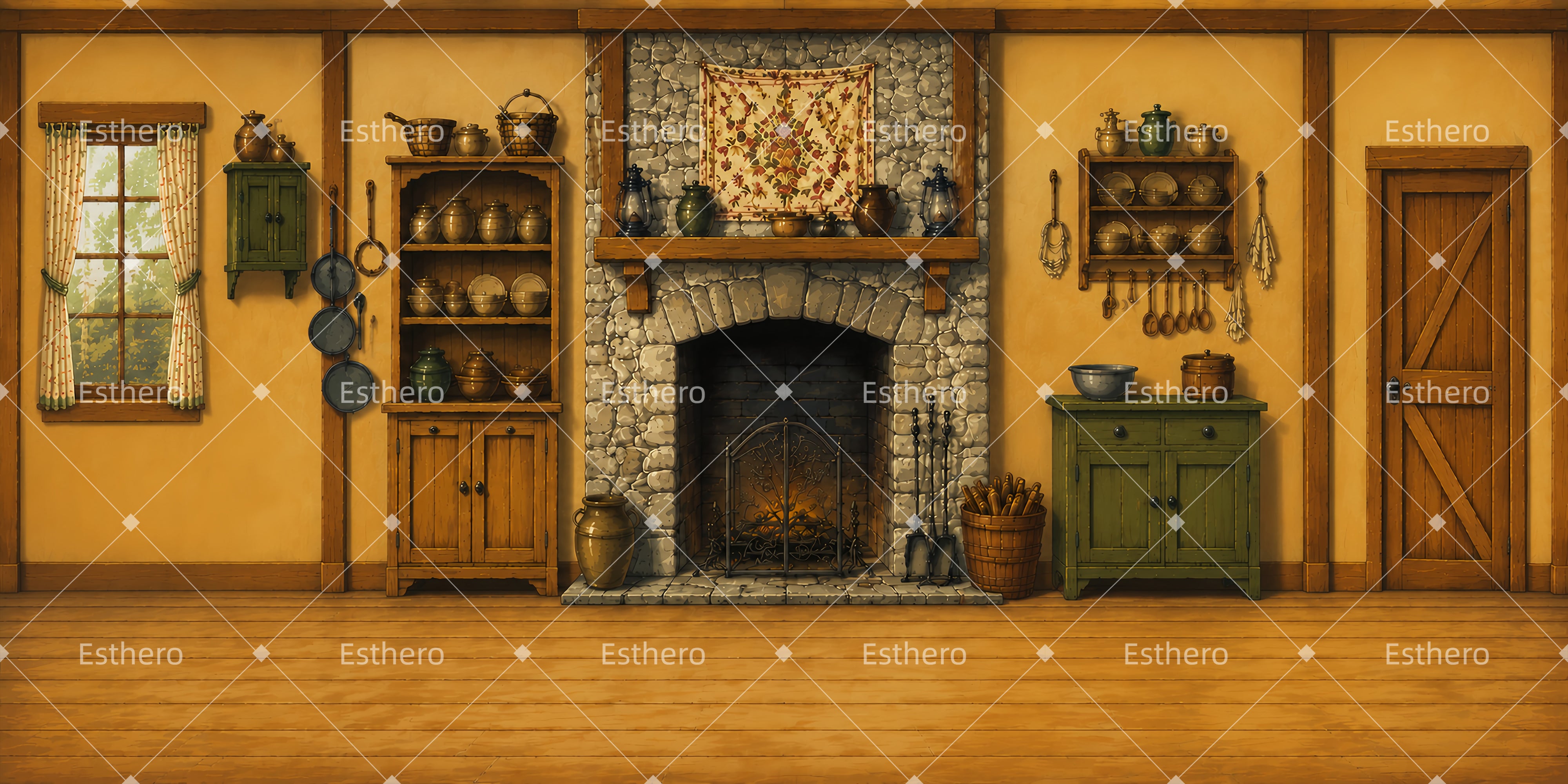 Décor de cuisine rustique avec cheminée pour spectacle scolaire LXX65-T92