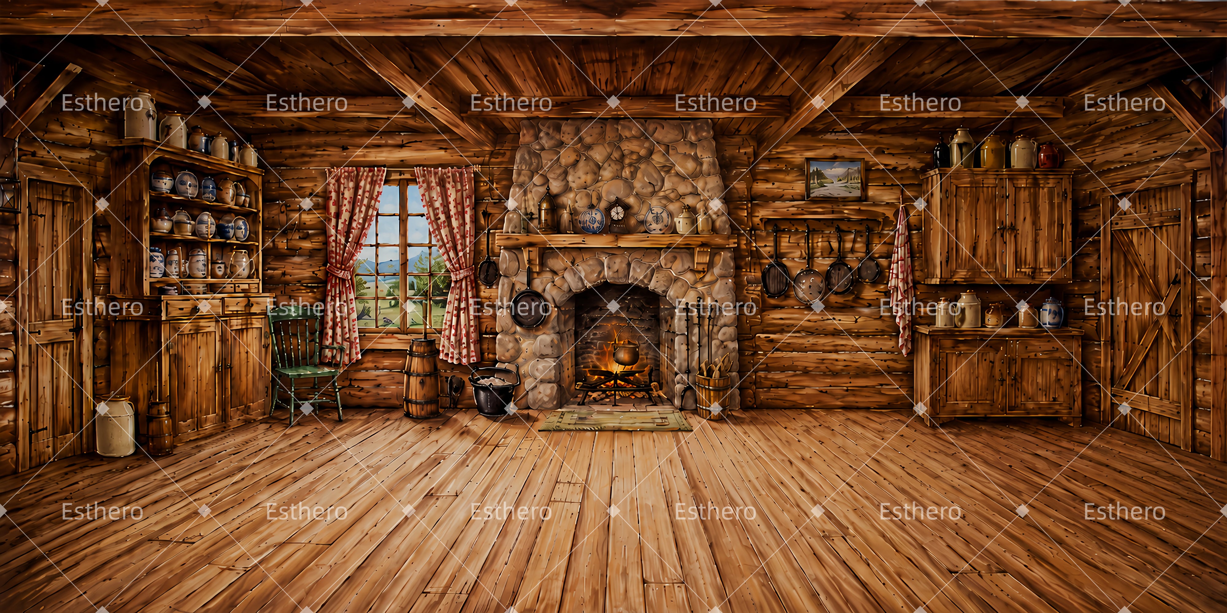 Toile de fond de cuisine dans un chalet en rondins LXX65-T93