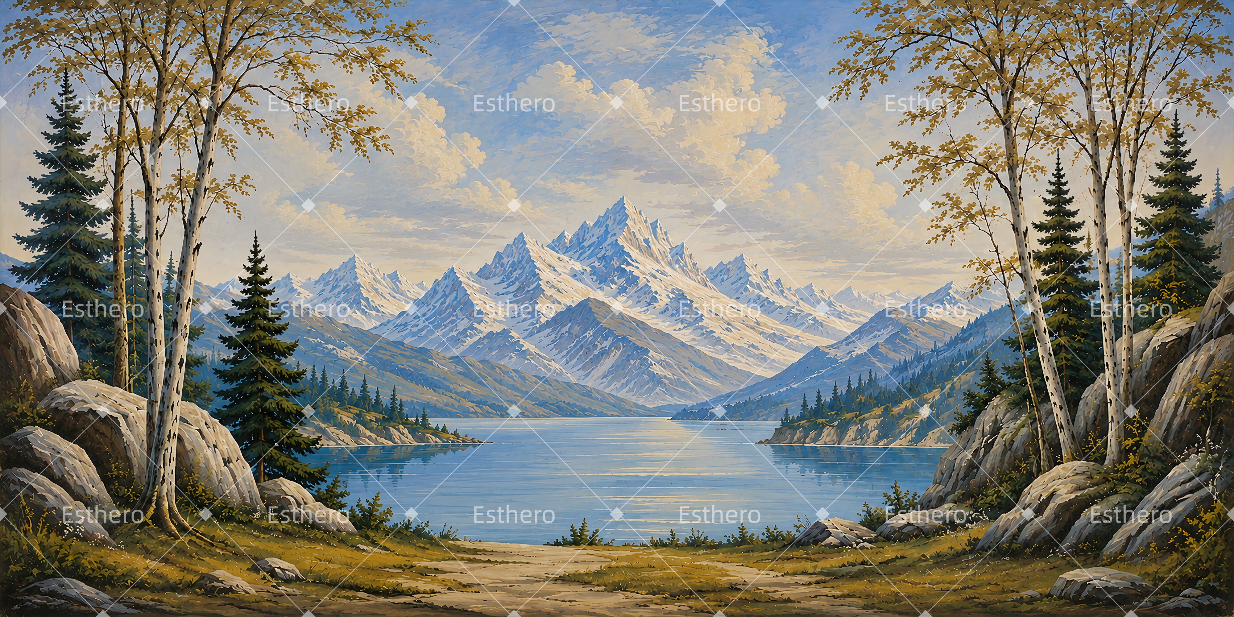 Toile de fond panoramique avec lac de montagne enneigé LXX65-T95