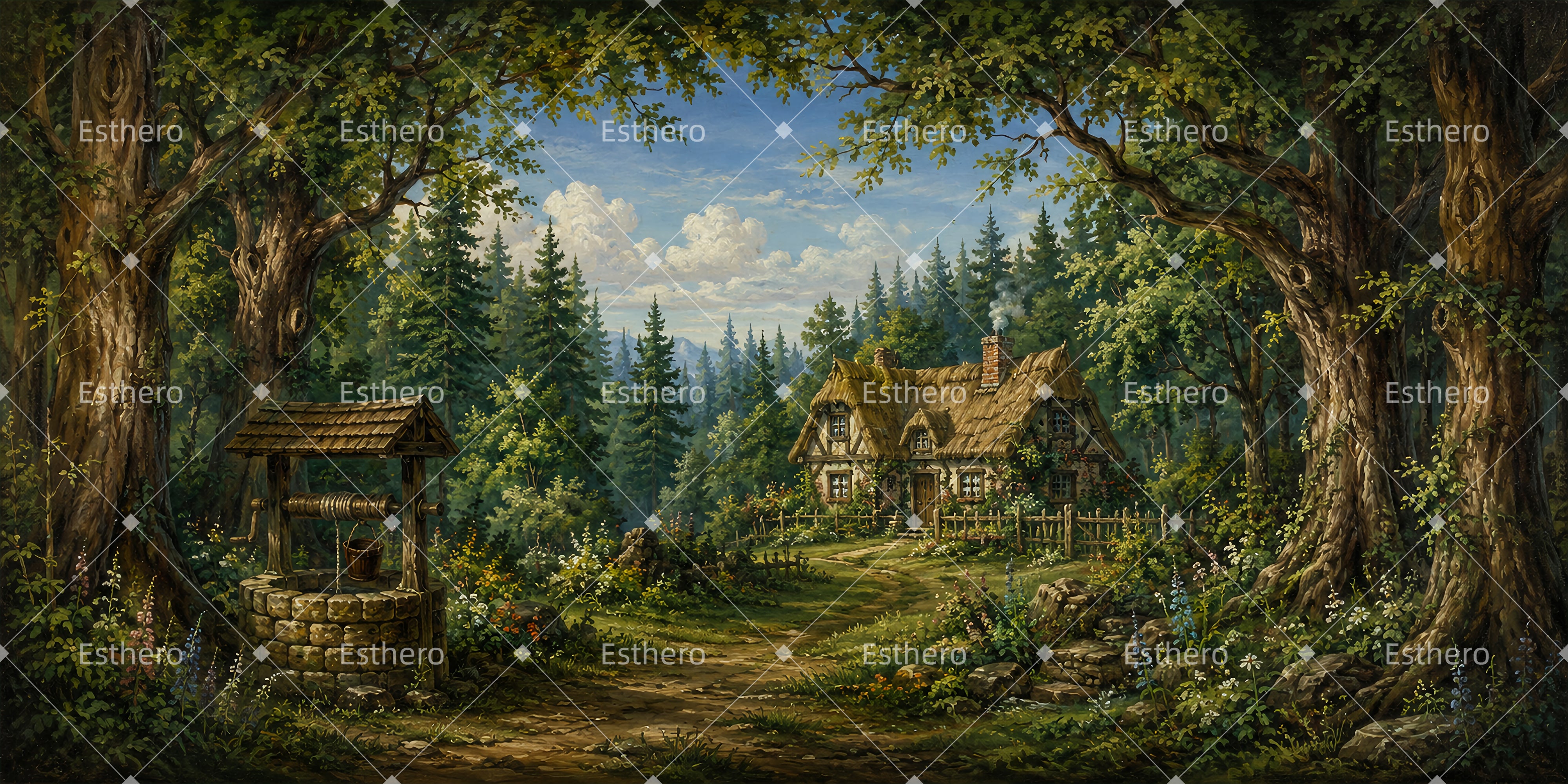 Décor de forêt avec cabane rustique pour scène de théâtre LXX65-T99