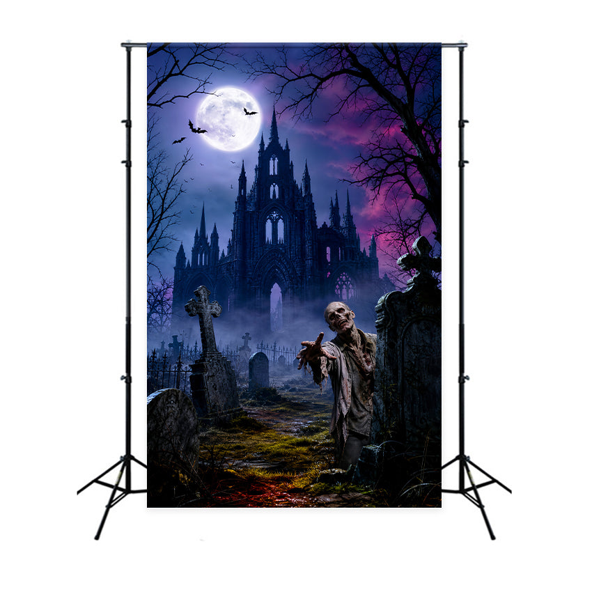 Décor De Fond Pour Fête D'HalloweenChâteau Au Clair De LuneCimetière De ZombiesHalloween LXX67-1