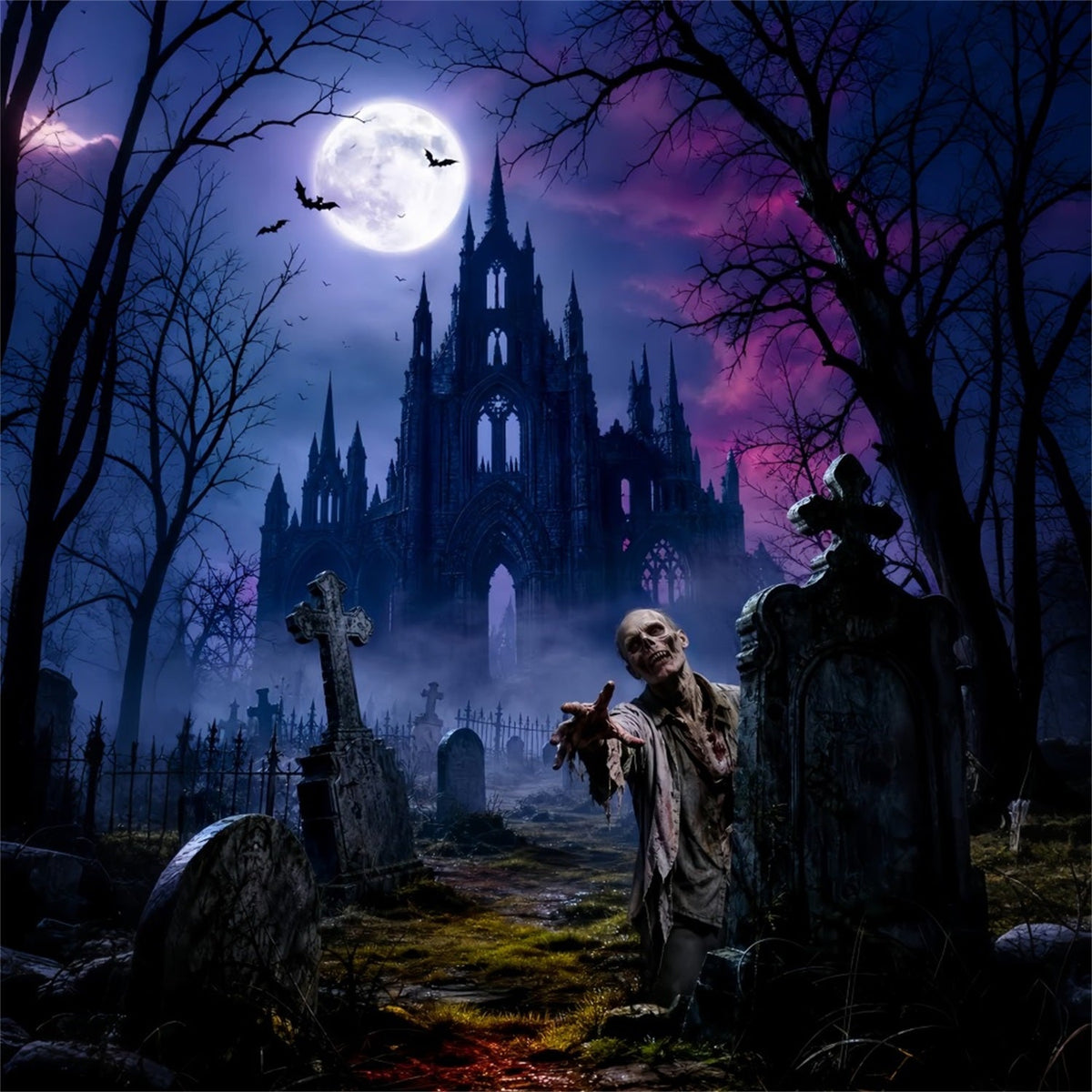 Décor De Fond Pour Fête D'HalloweenChâteau Au Clair De LuneCimetière De ZombiesHalloween LXX67-1