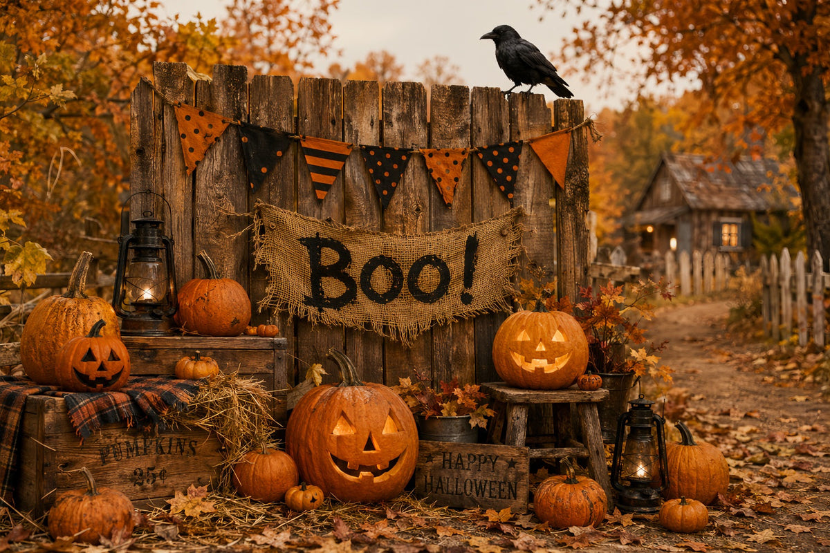 Décor D'Halloween Pour Photomaton Clôture Rustique Avec Citrouilles Et Citrouilles Décor LXX67-118