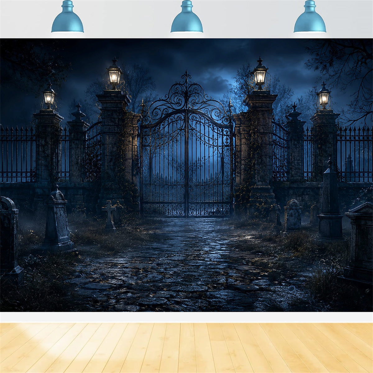 Décor Extérieur D'Halloween Pour Photos Cimetière Au Clair De Lune Avec Porte En Fer Forgé LXX67-120