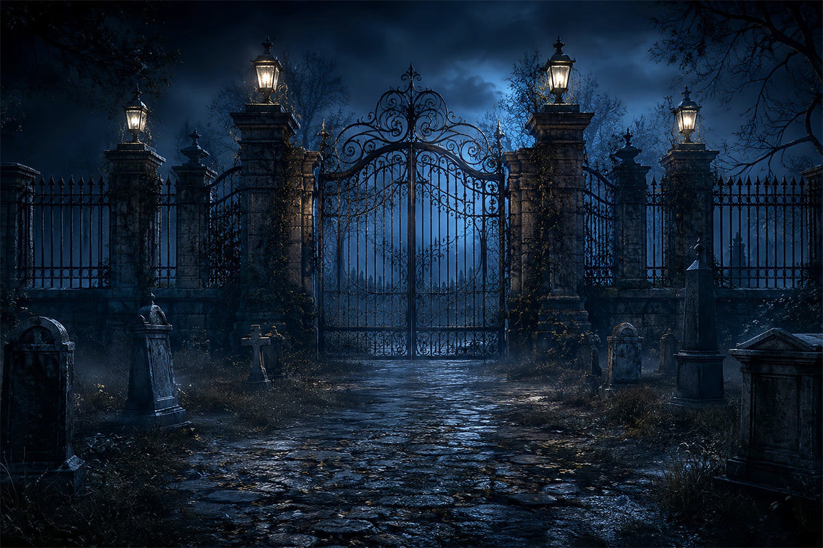 Décor Extérieur D'Halloween Pour Photos Cimetière Au Clair De Lune Avec Porte En Fer Forgé LXX67-120
