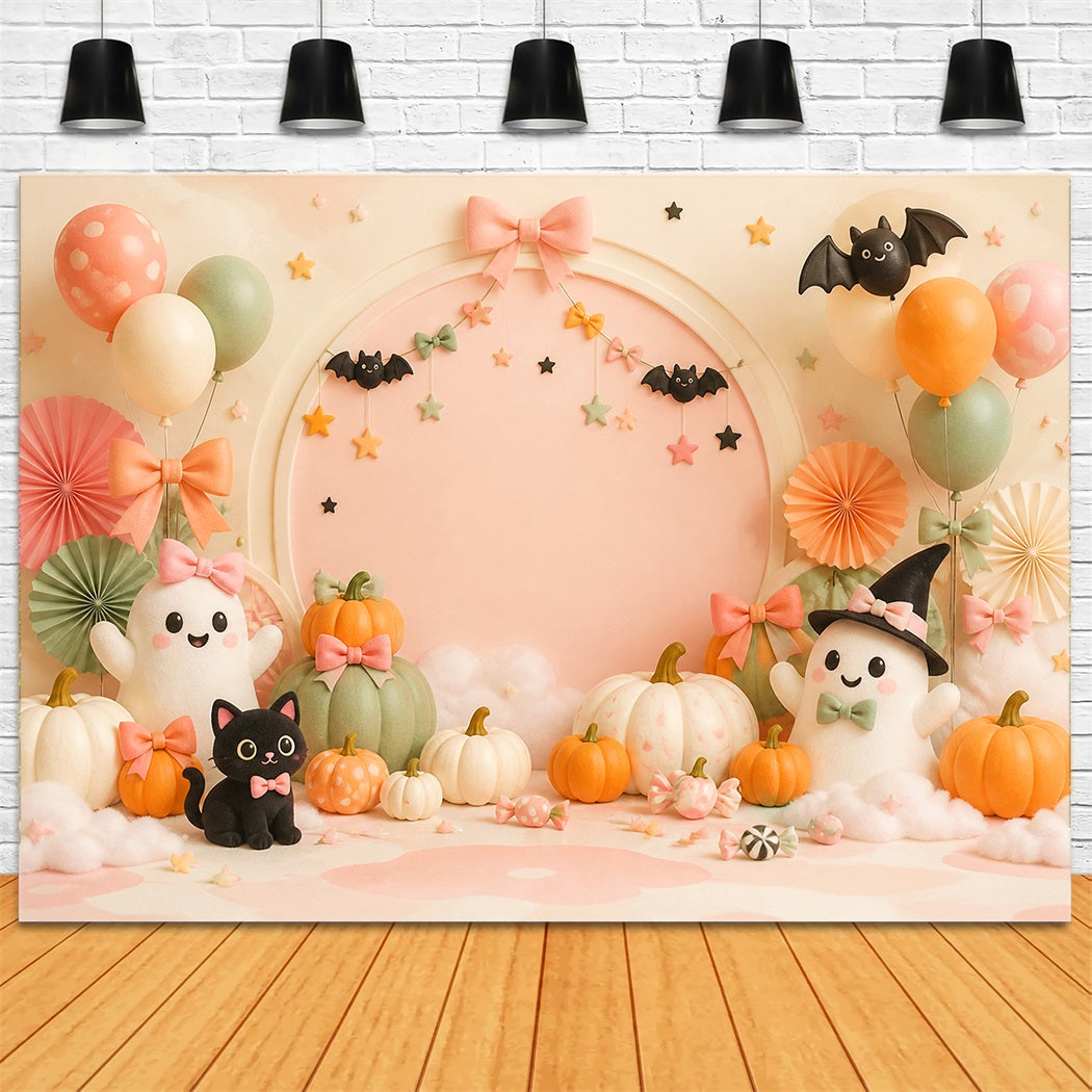 Fond Photo D'Halloween Mignon Fantôme Pastel Chat Et Citrouilles LXX67-123