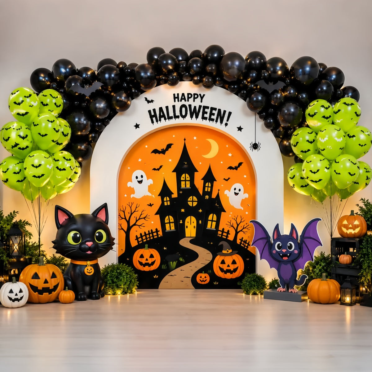 Décor De Fond Pour Photomaton Halloween Avec Ballons Et Chat Mignon Thème Fête D'Halloween LXX67-130