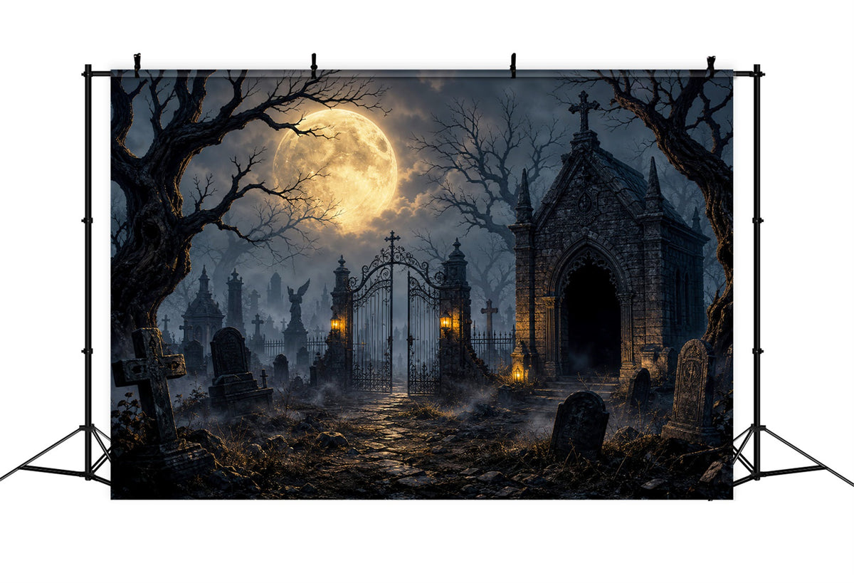 Décor De Cimetière D'Halloween Avec Porte De Cimetière Gothique Éclairée Par La Lune Décor LXX67-132