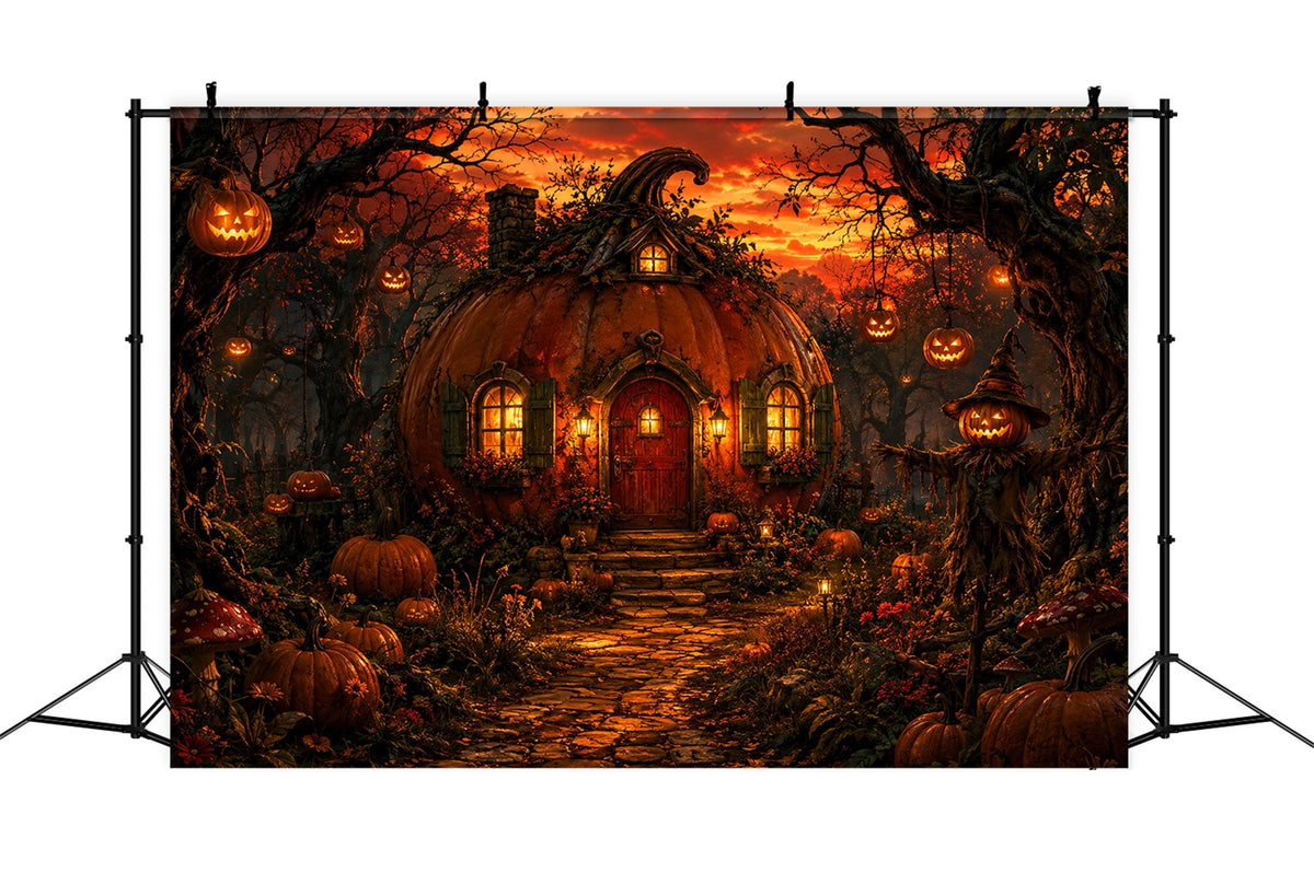 Décor De Maison D'Halloween Citrouille Chalet Forêt Coucher De Soleil Cimetière D'Halloween LXX67-136