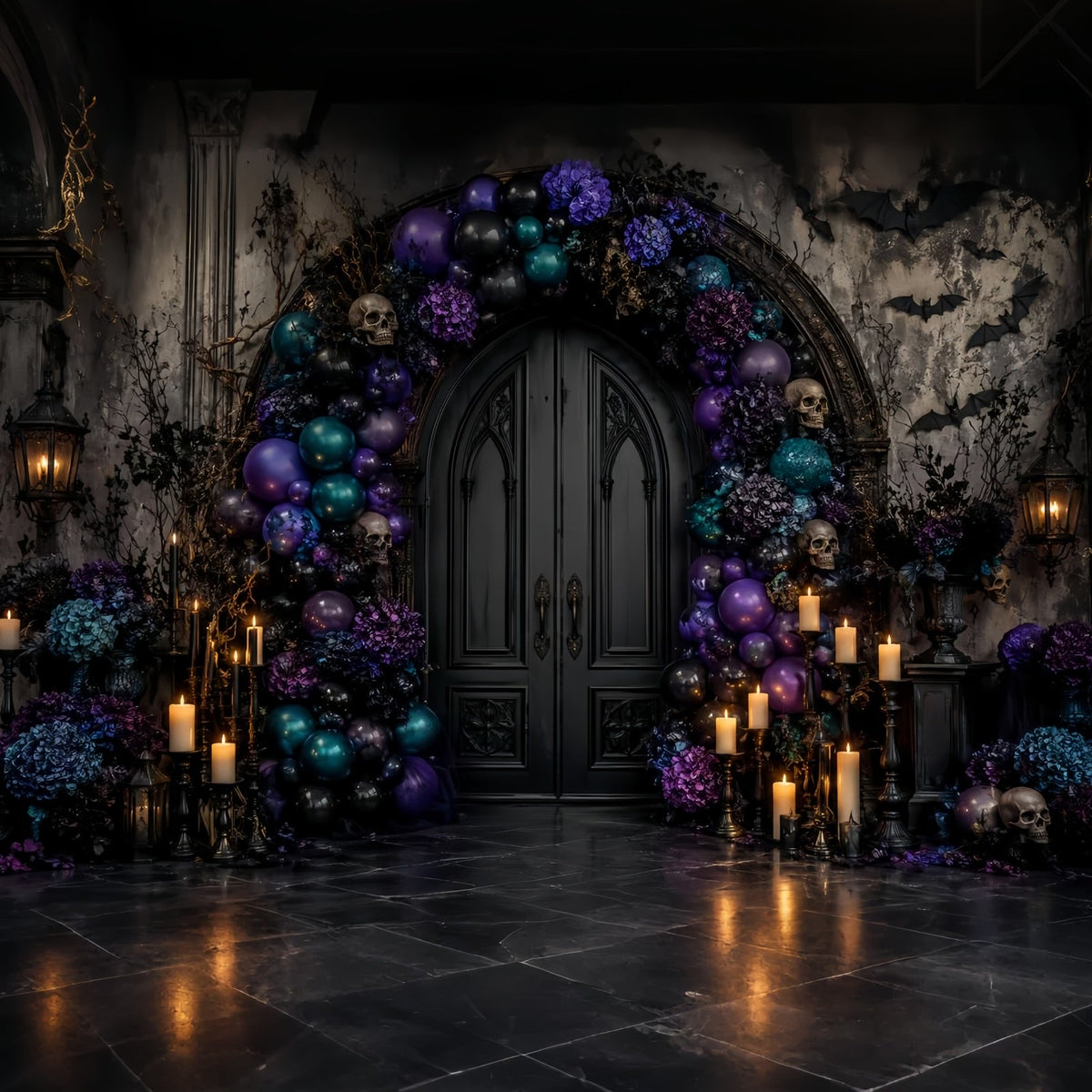Décor De Fond D'Halloween Avec Ballons Crâne Porte Arche Florale Thème Halloween LXX67-139