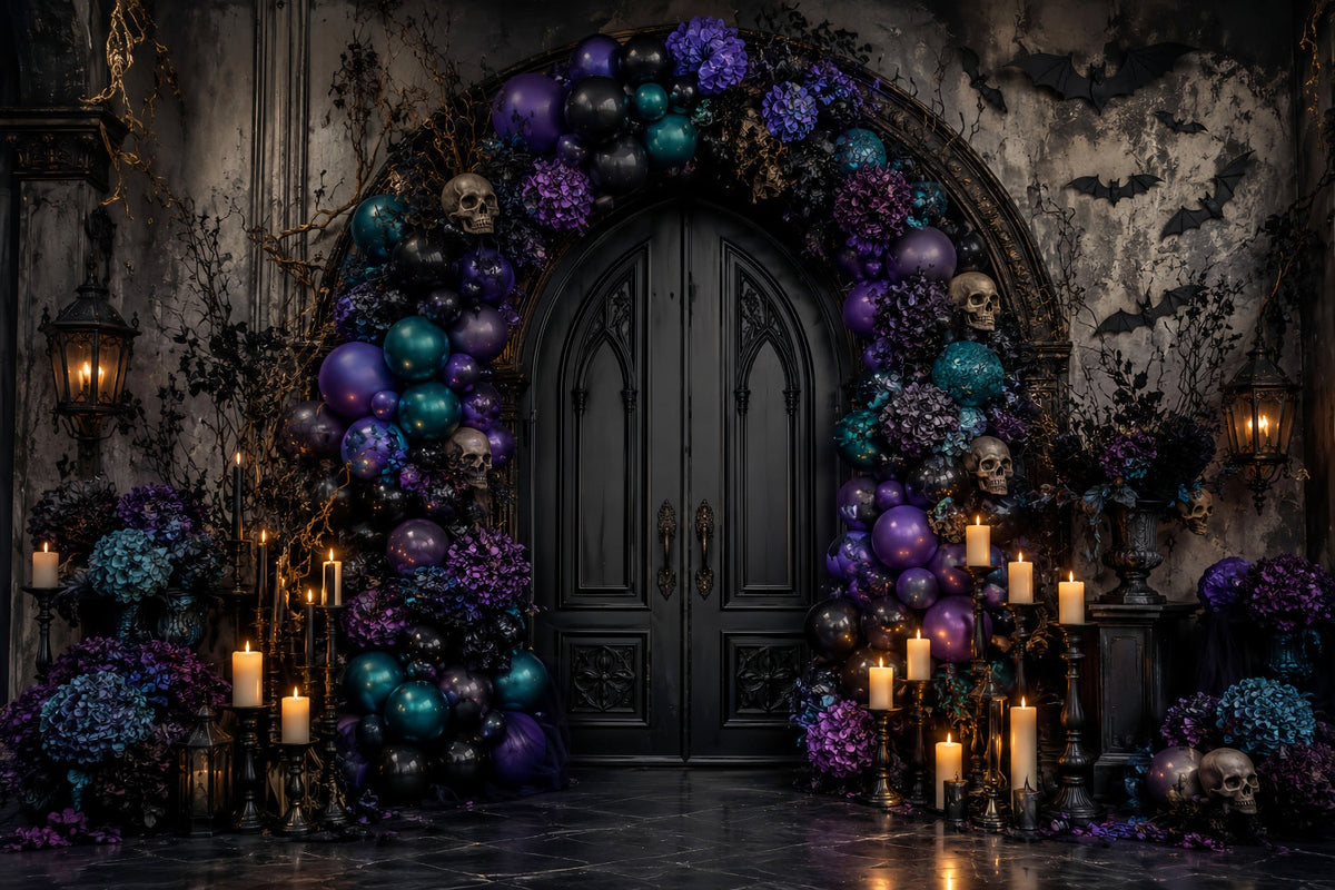 Décor De Fond D'Halloween Avec Ballons Crâne Porte Arche Florale Thème Halloween LXX67-139