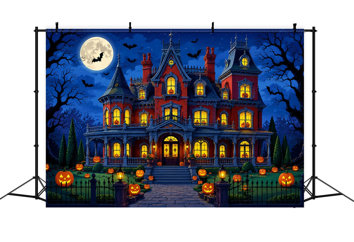 Décor De Fond Pour Photomaton D'Halloween Jardin De Manoir Avec Citrouilles Au Clair De Lune Halloween LXX67-143