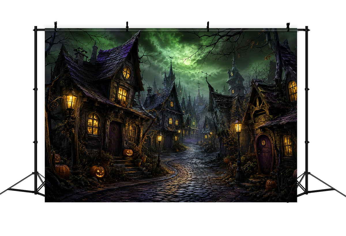 Toiles De Fond Photographiques Halloween Lune Verte Village Tordu Ville D'Halloween LXX67-146