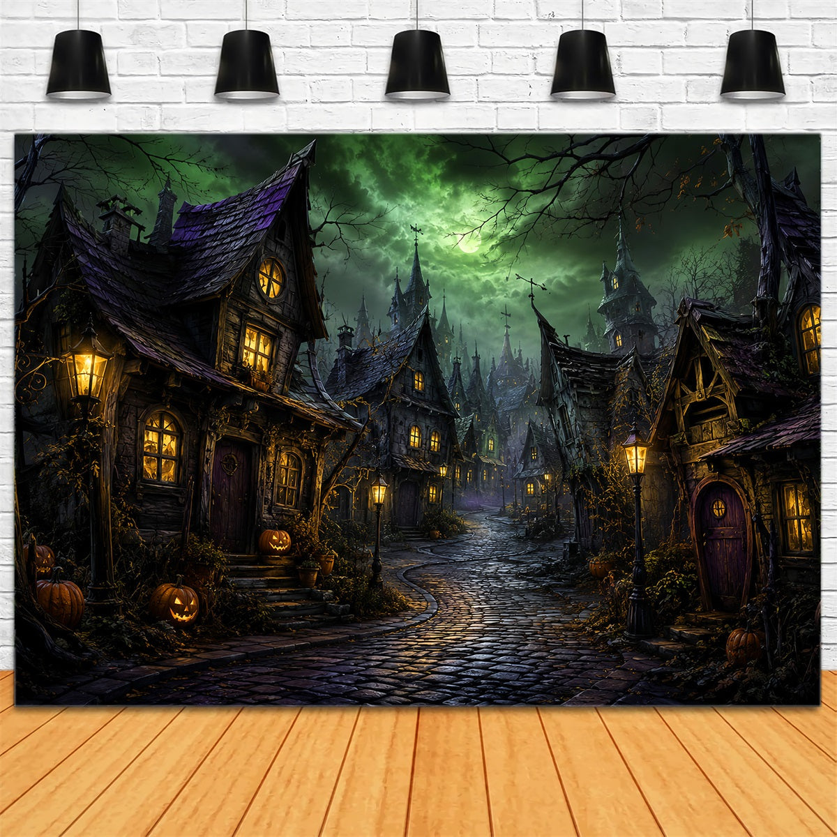 Toiles De Fond Photographiques Halloween Lune Verte Village Tordu Ville D'Halloween LXX67-146