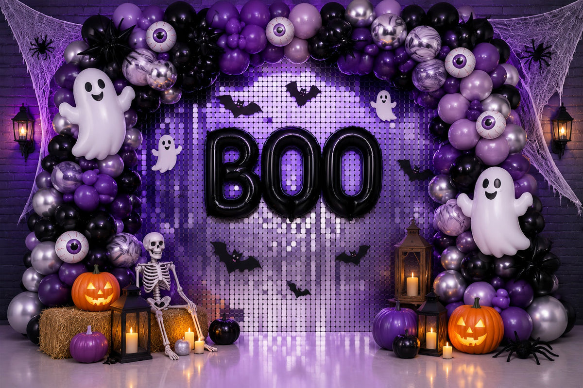 Idées De Décors Pour Photomaton D'Halloween Fond Photo Fantôme Violet Avec Ballons Idéal LXX67-15