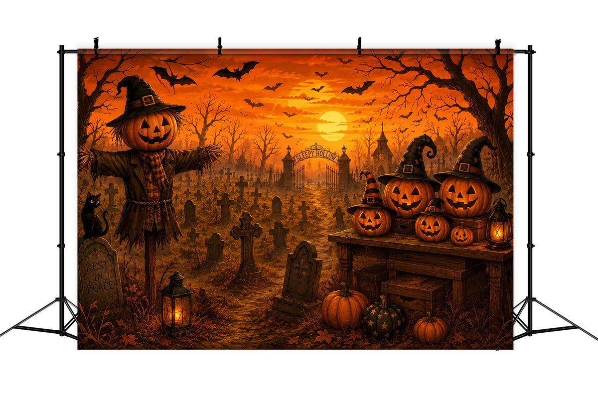 Décor De Fond En Tissu Pour Halloween Épouvantail Citrouille Cimetière Coucher De SoleilDécors LXX67-152